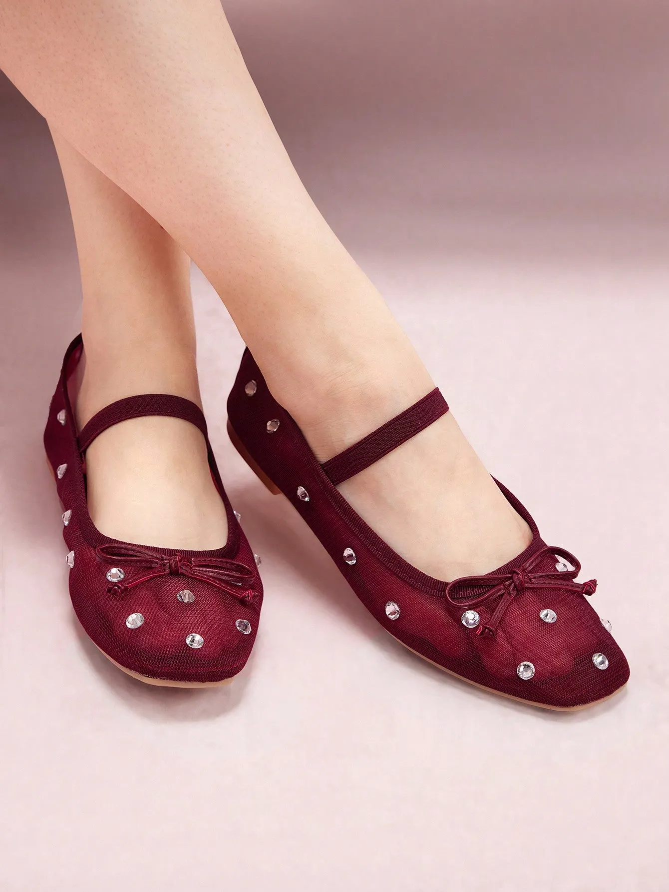 CUCCOO DOLLMOD Burgundy Mesh Rhinestone Bow Ballerina Flats Halloween Christmas Fall