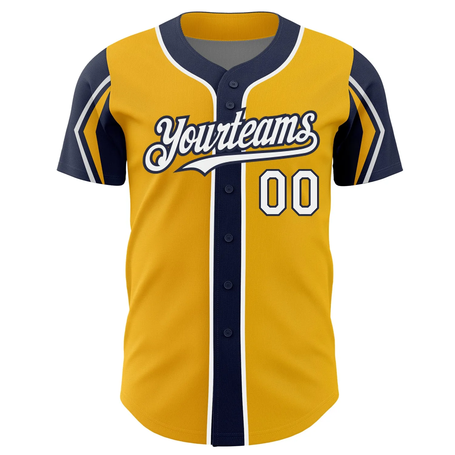 Custom Gold White-Navy 3 Colors Arm Shapes Authentic Baseball Jersey