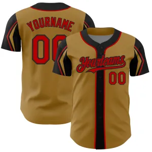 Custom Old Gold Red-Black 3 Colors Arm Shapes Authentic Baseball Jersey