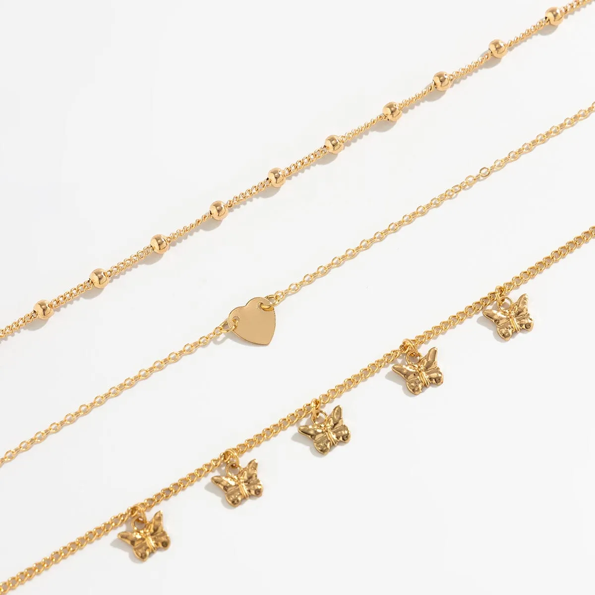 Dainty Butterfly Tassel Heart Charm Anklet Set