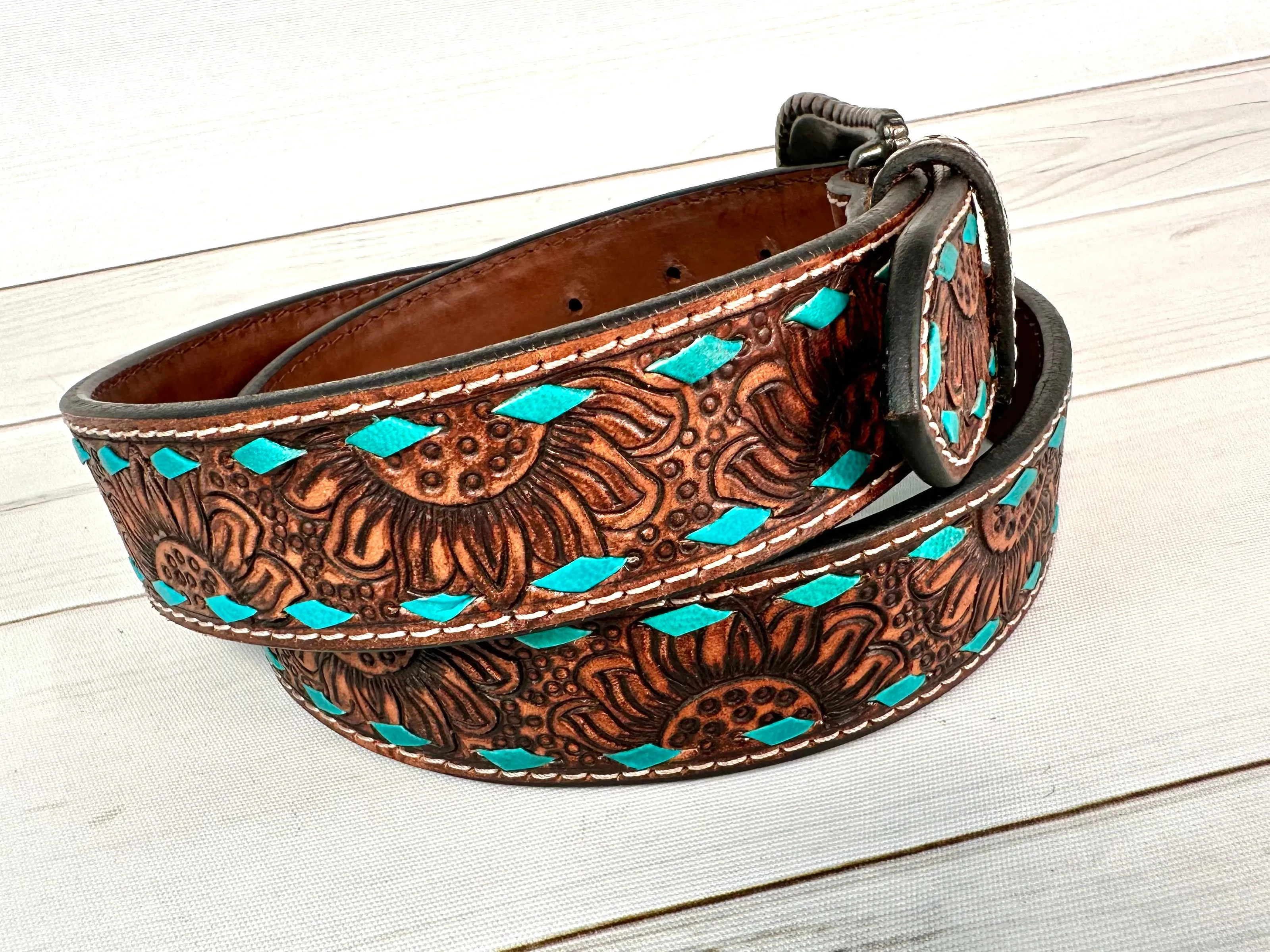 Dark Tooled Sunflower Turquoise Buckstitch Belt