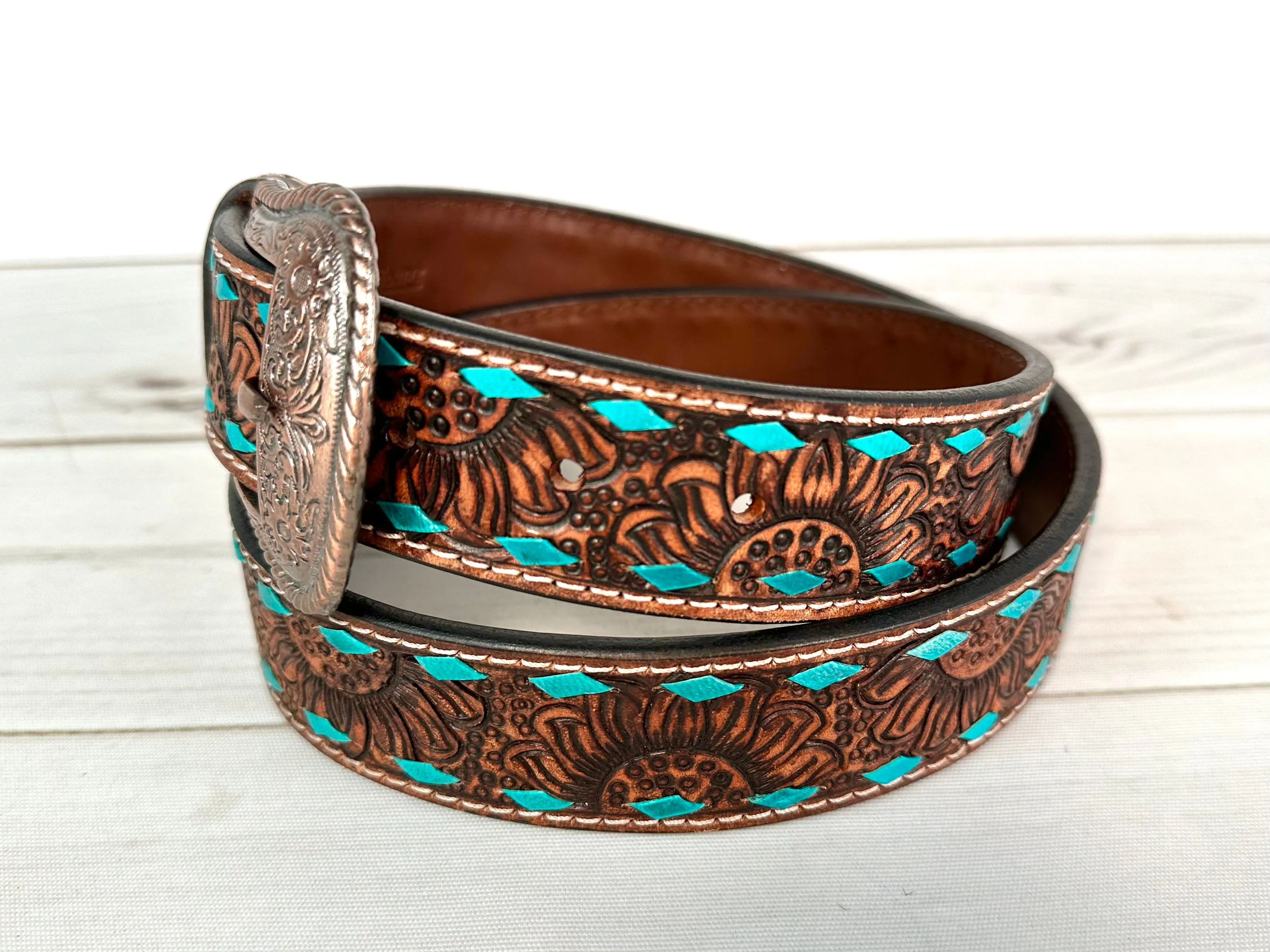 Dark Tooled Sunflower Turquoise Buckstitch Belt