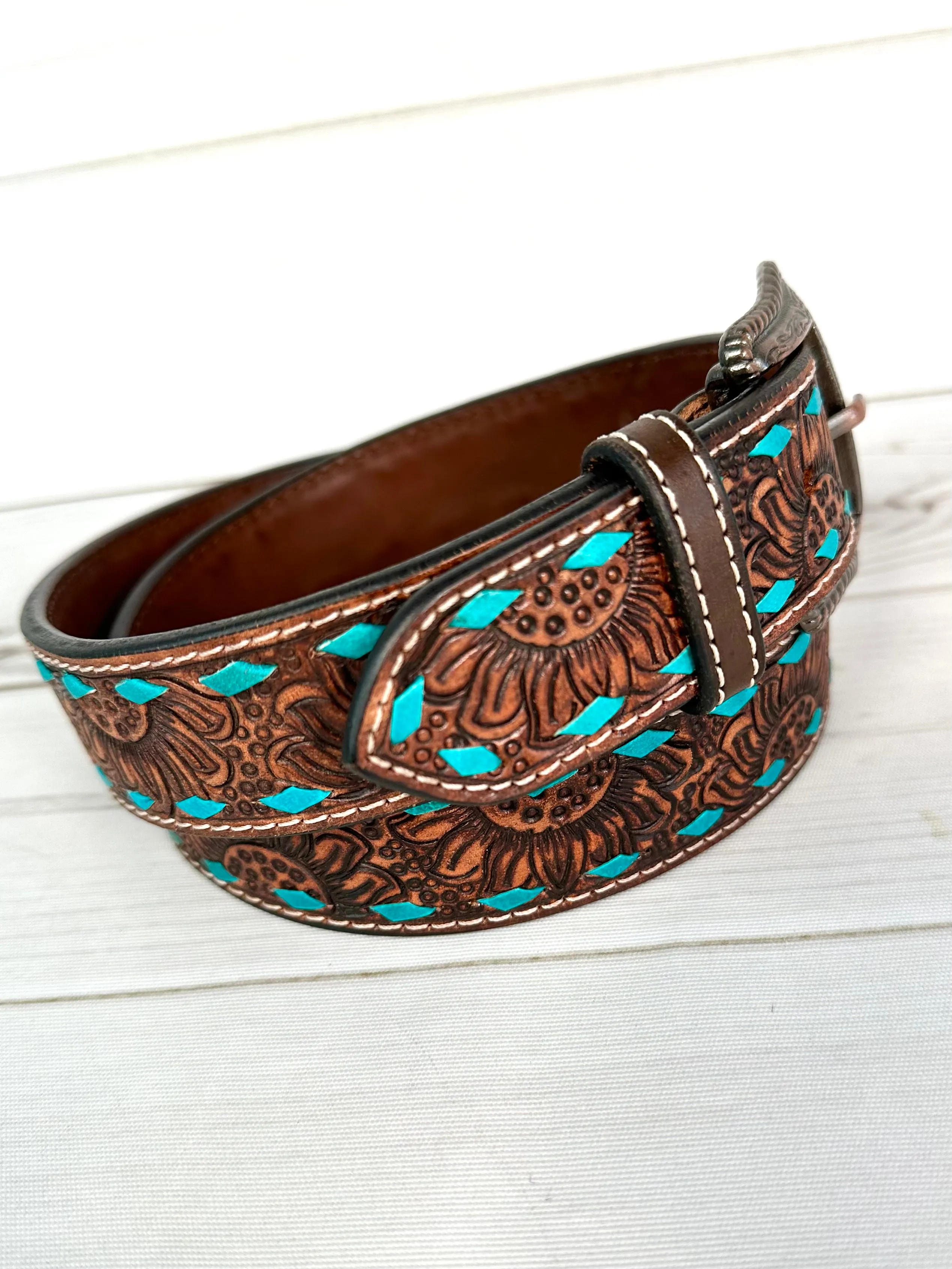 Dark Tooled Sunflower Turquoise Buckstitch Belt