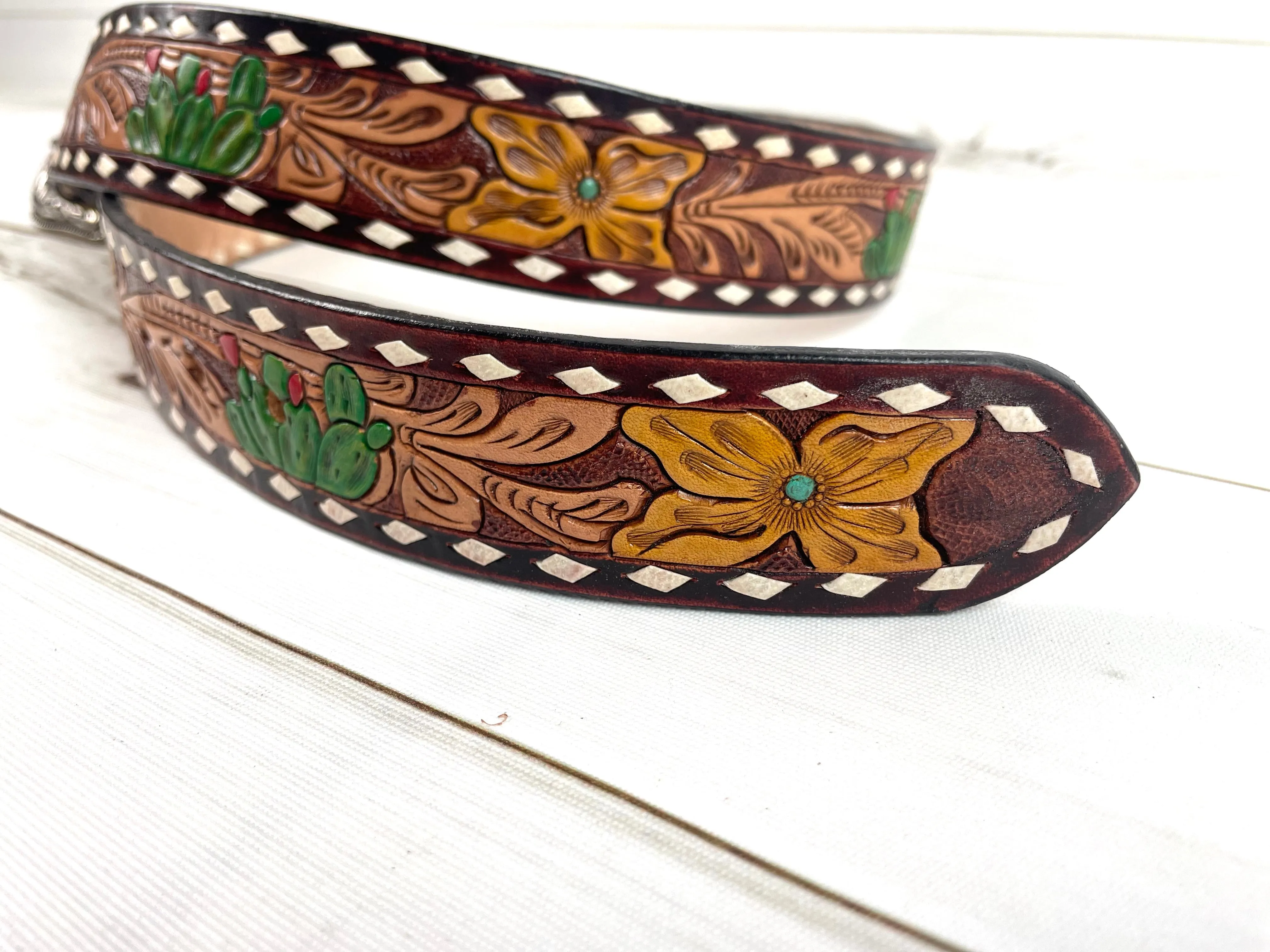 Desert Cactus Buckstitch Leather Woman’s Belt