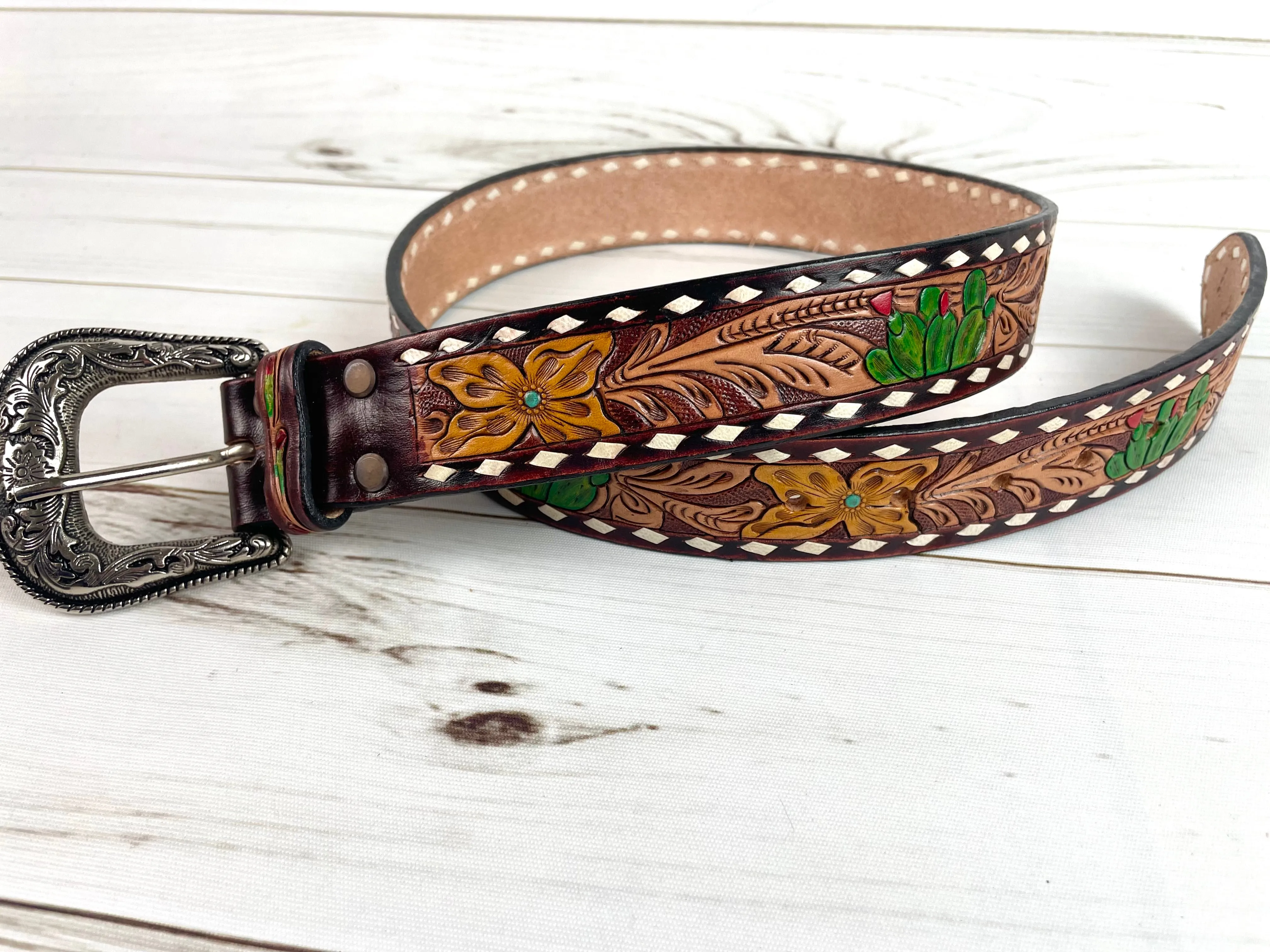 Desert Cactus Buckstitch Leather Woman’s Belt