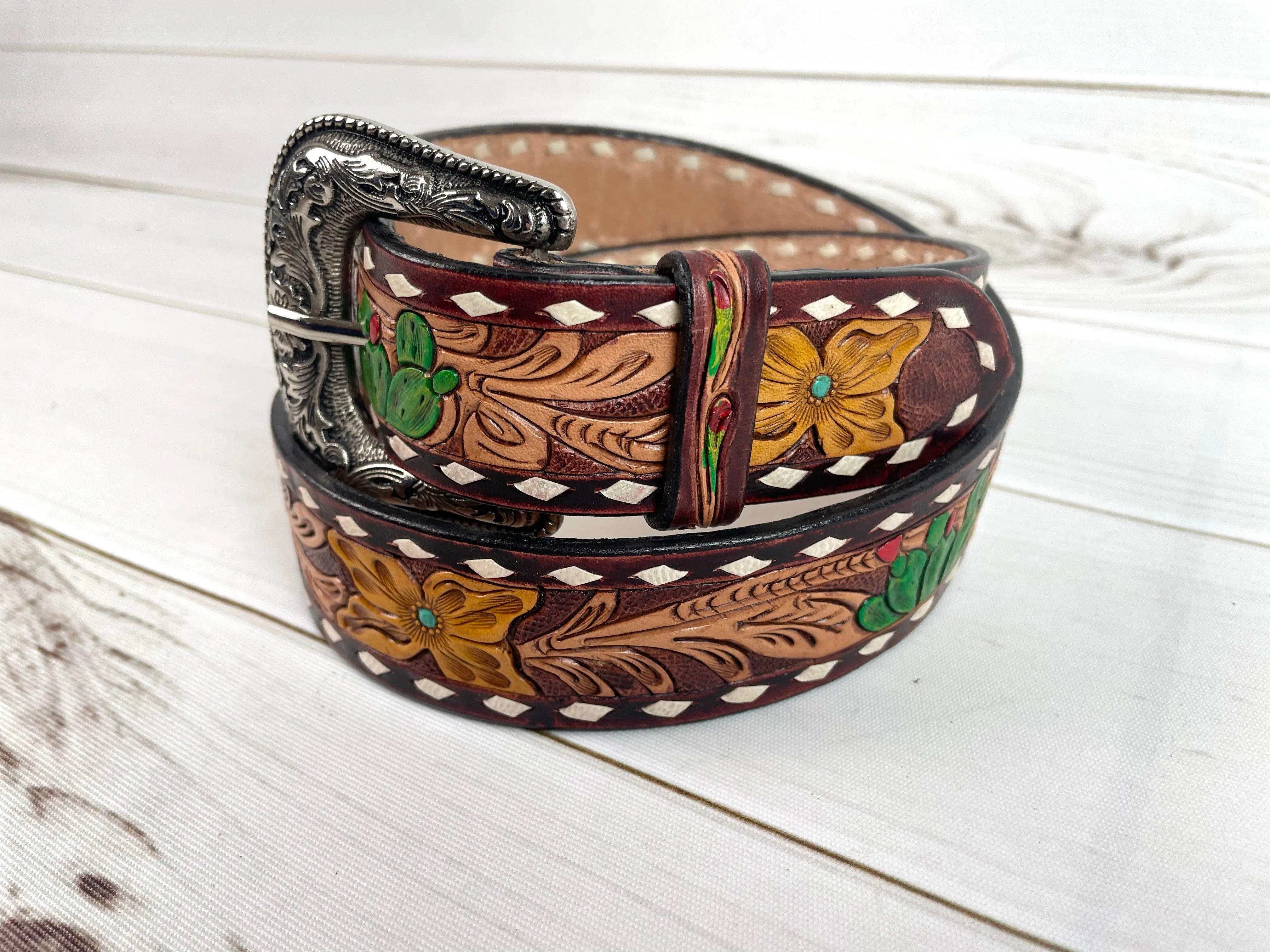 Desert Cactus Buckstitch Leather Woman’s Belt