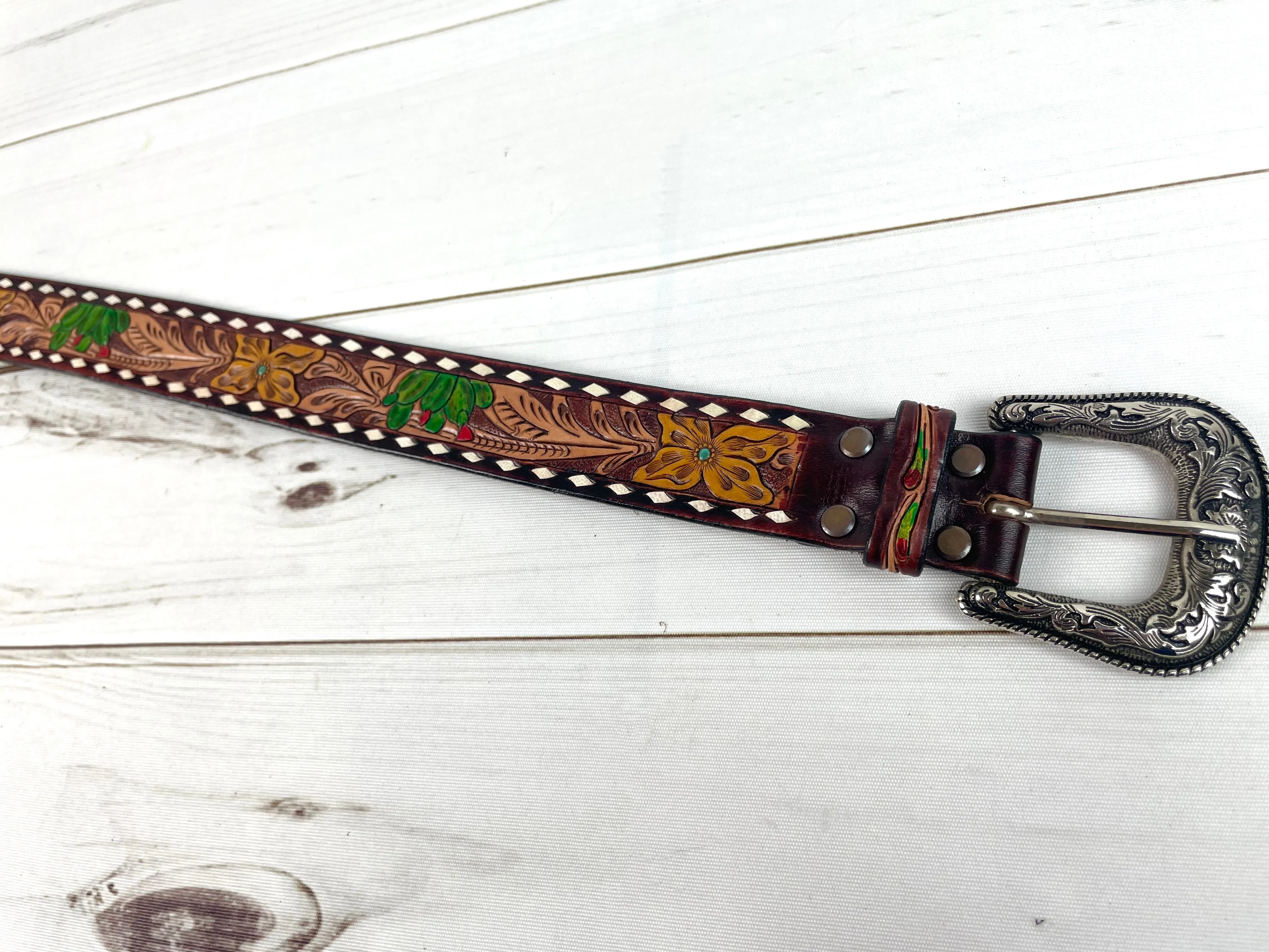 Desert Cactus Buckstitch Leather Woman’s Belt