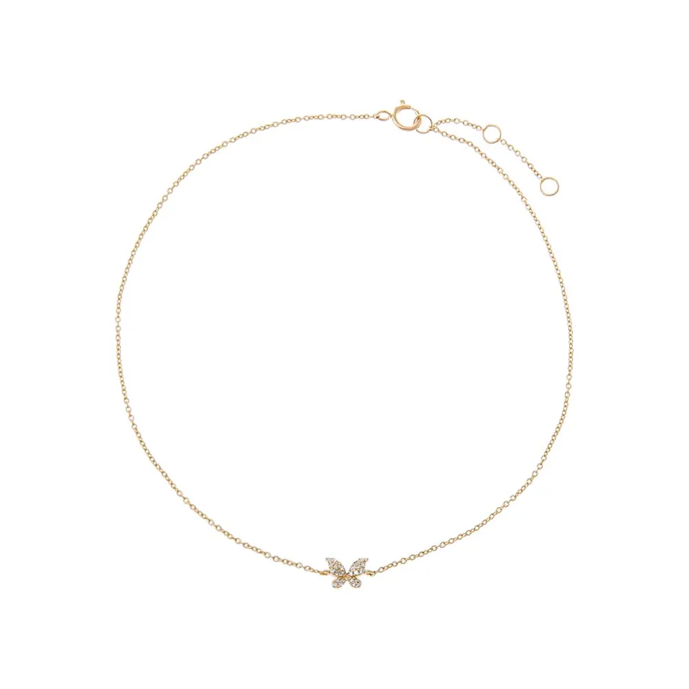 Diamond Pave Butterfly Pendant Anklet 14K