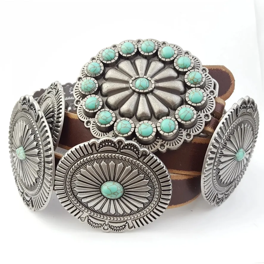 Distressed Leather Belt with Oval Conchos