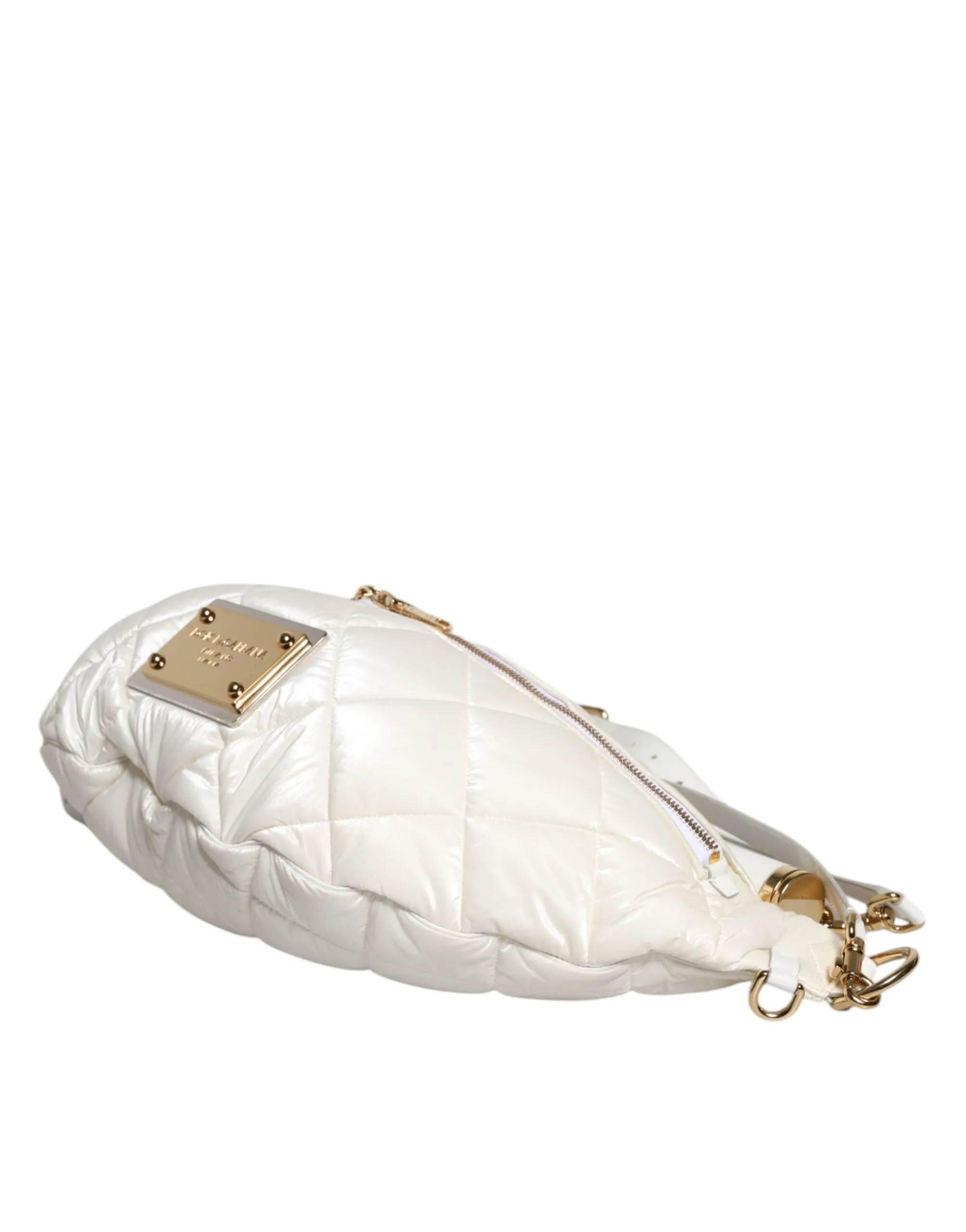 Dolce & Gabbana White Quilted Logo Plaque Belt Waist Fanny Pack Bag