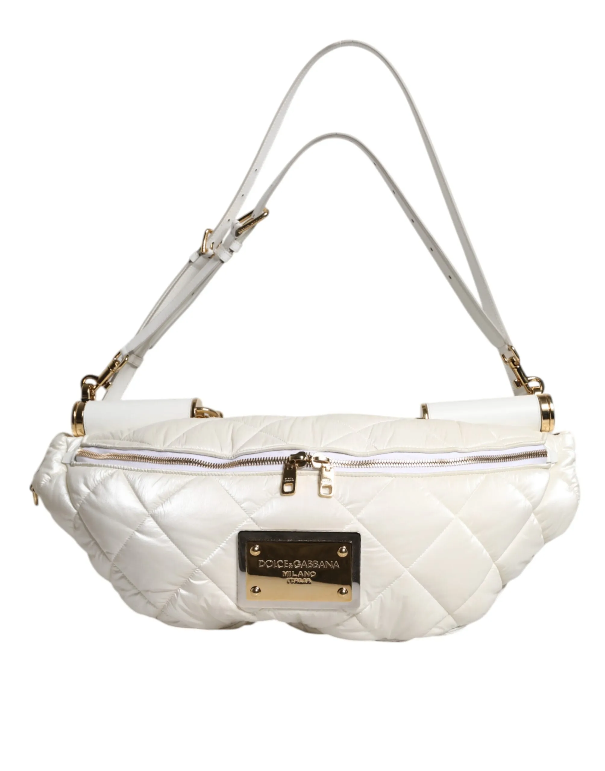 Dolce & Gabbana White Quilted Logo Plaque Belt Waist Fanny Pack Bag