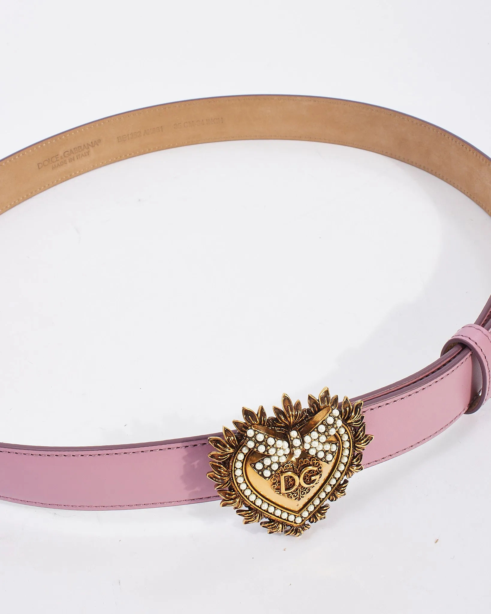 Dolce and Gabbana Lilac Leather Pearl Logo Heart Devotion Thin Belt - 85/34