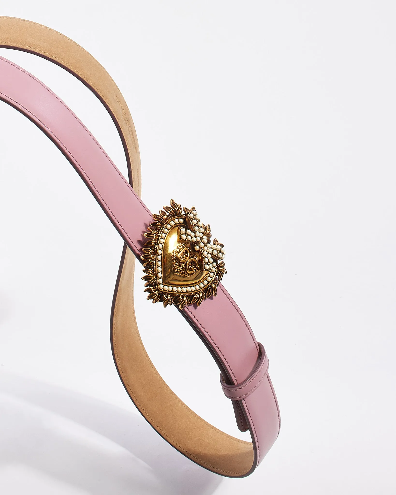Dolce and Gabbana Lilac Leather Pearl Logo Heart Devotion Thin Belt - 85/34