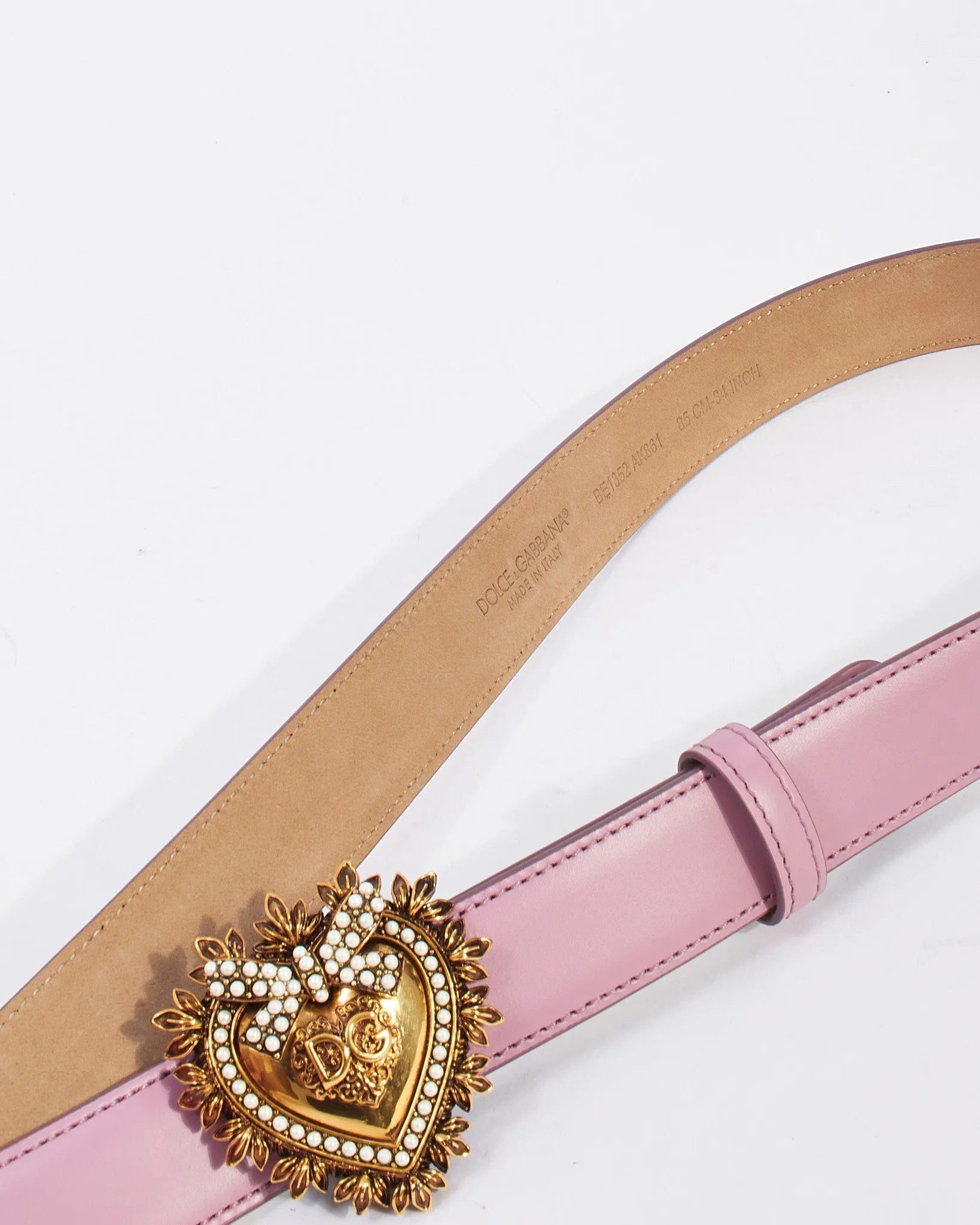 Dolce and Gabbana Lilac Leather Pearl Logo Heart Devotion Thin Belt - 85/34