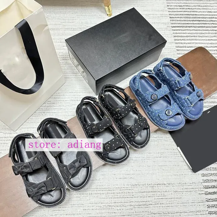 dot denim bow fabric sandals vintage flats comfort Rubber sole women 2023 35-40 high quality