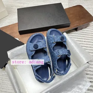 dot denim bow fabric sandals vintage flats comfort Rubber sole women 2023 35-40 high quality