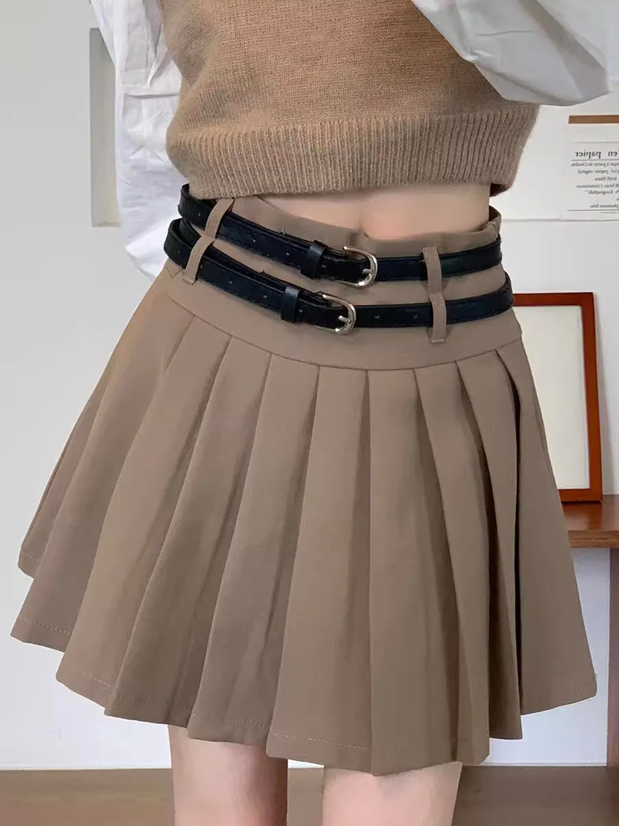 Double Belted Pleated Mini Skirt