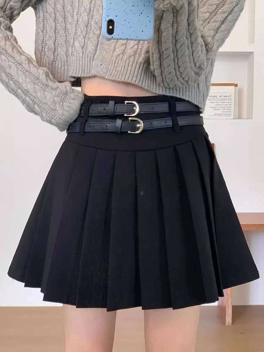 Double Belted Pleated Mini Skirt
