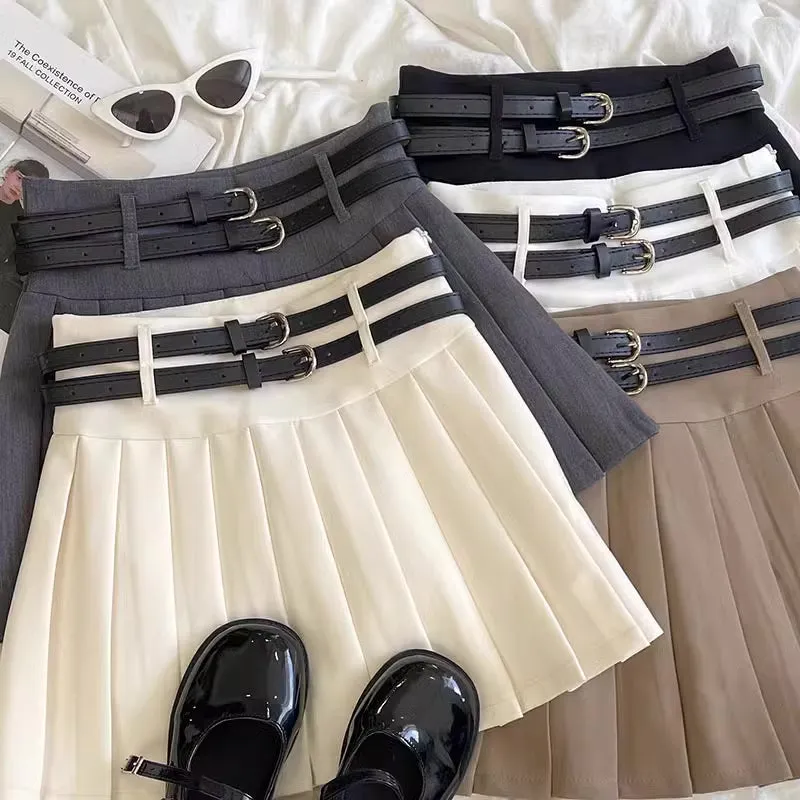 Double Belted Pleated Mini Skirt