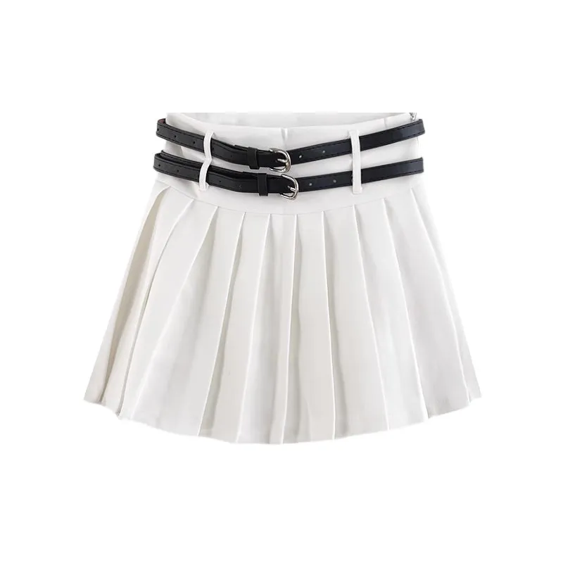 Double Belted Pleated Mini Skirt