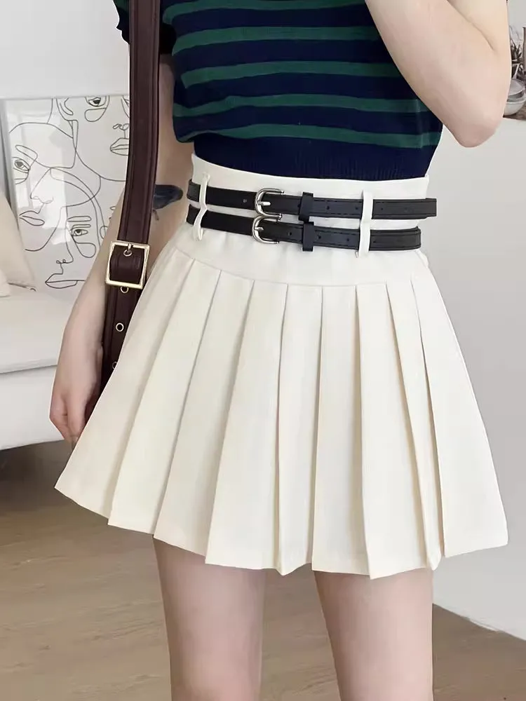 Double Belted Pleated Mini Skirt