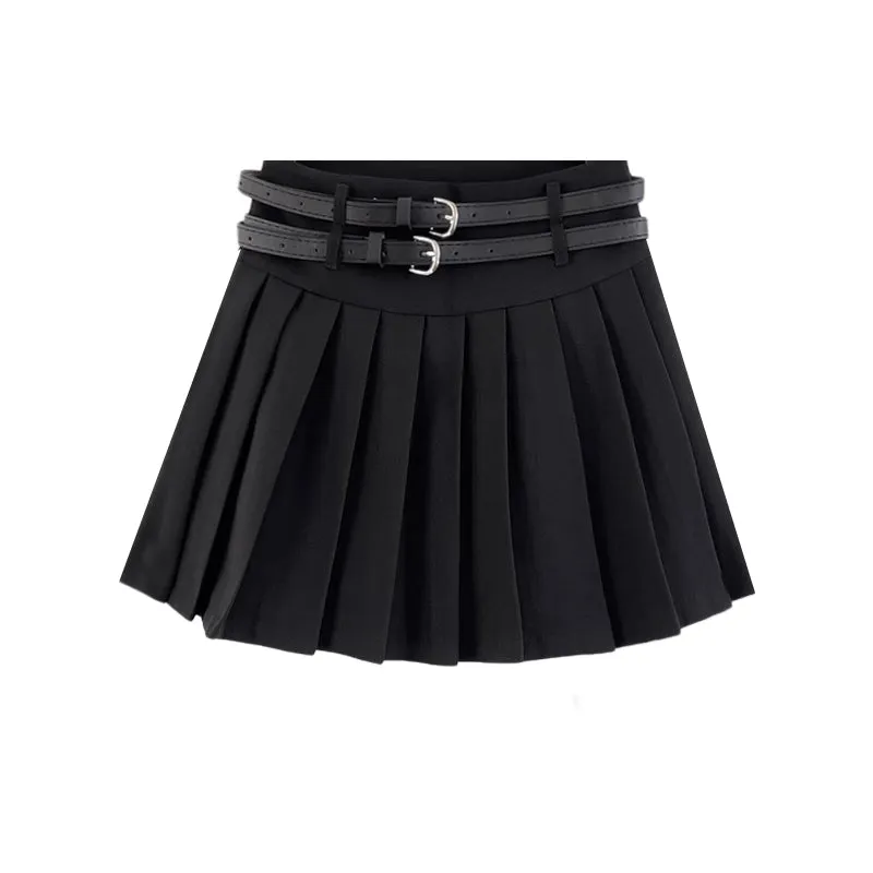 Double Belted Pleated Mini Skirt