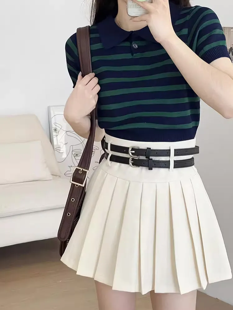 Double Belted Pleated Mini Skirt
