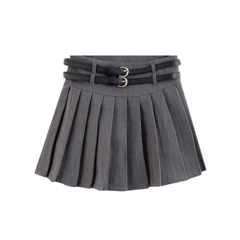 Double Belted Pleated Mini Skirt