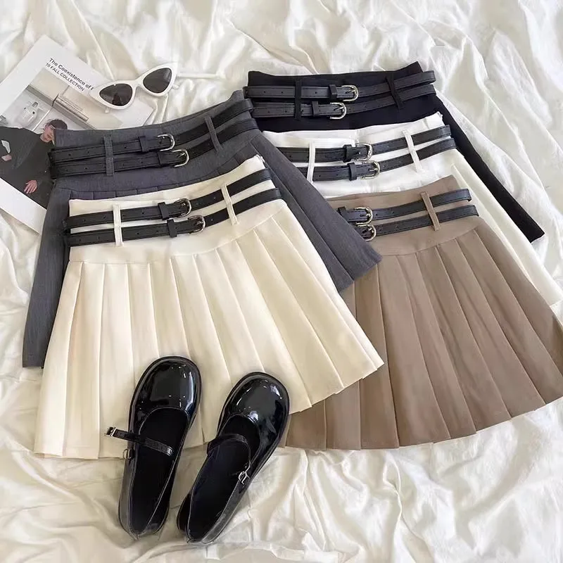 Double Belted Pleated Mini Skirt