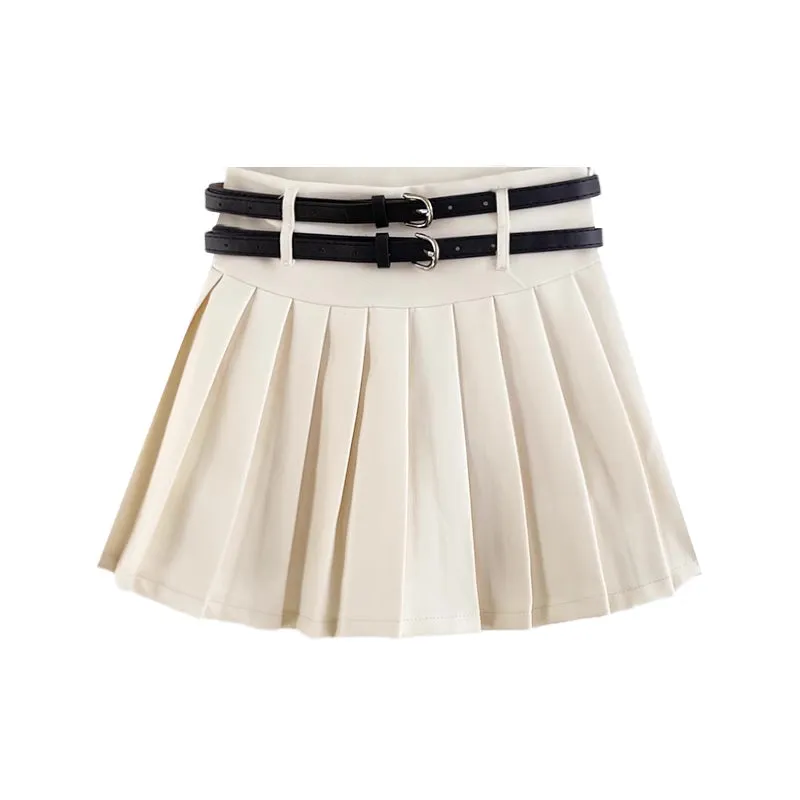 Double Belted Pleated Mini Skirt