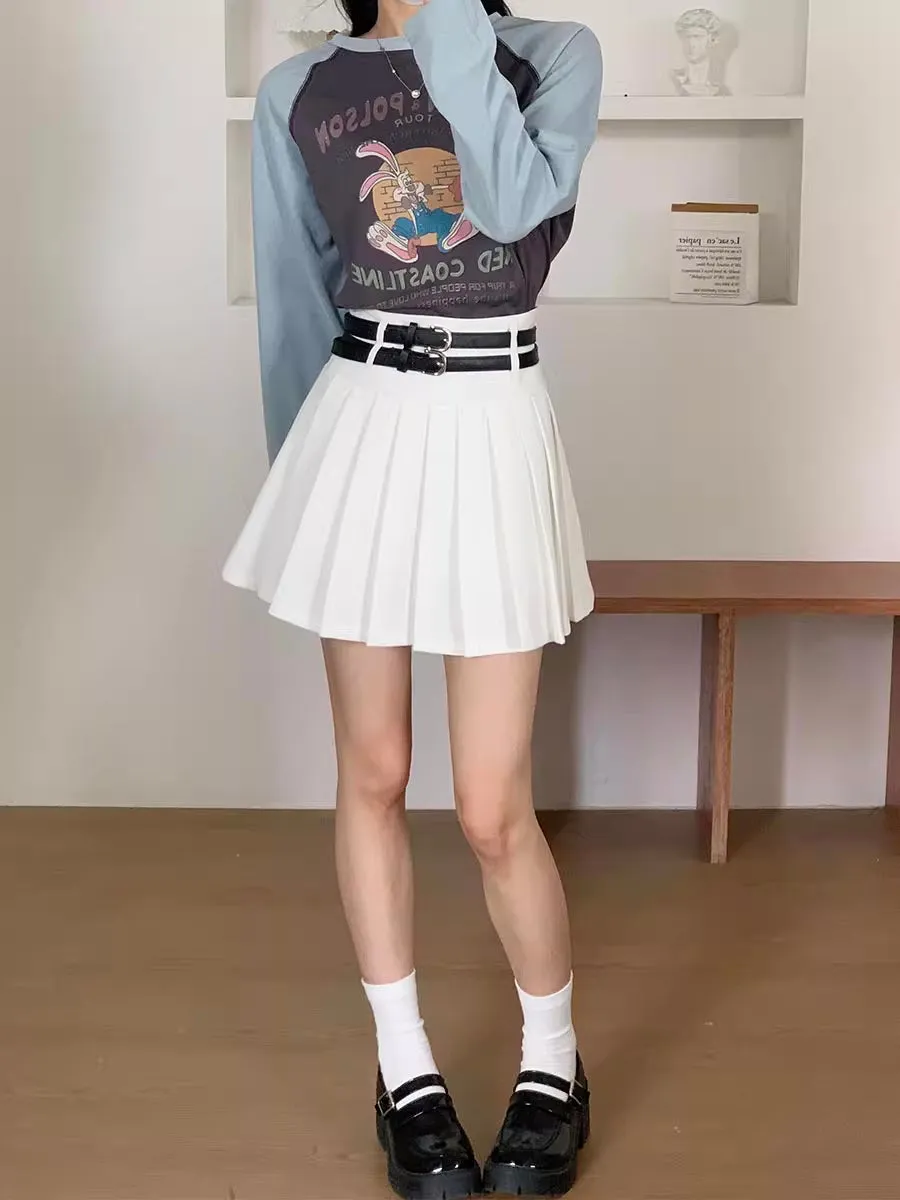 Double Belted Pleated Mini Skirt