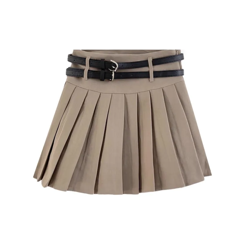 Double Belted Pleated Mini Skirt