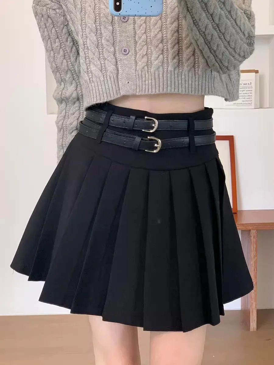 Double Belted Pleated Mini Skirt