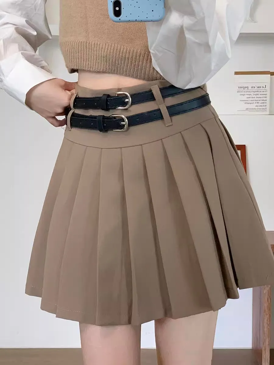 Double Belted Pleated Mini Skirt