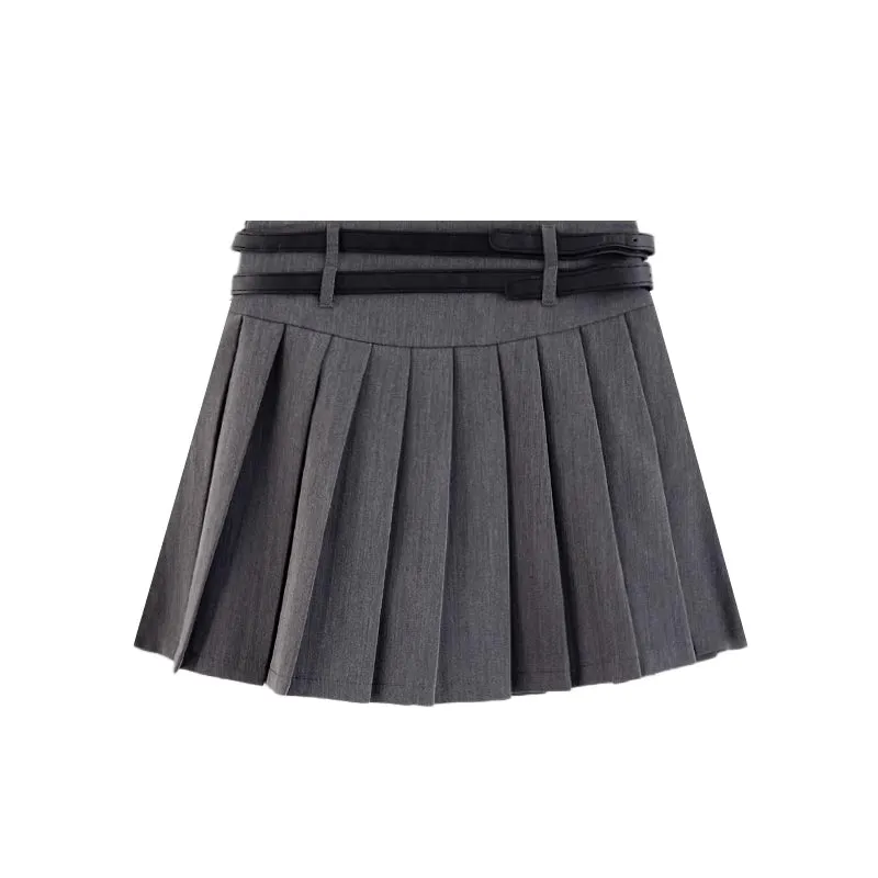 Double Belted Pleated Mini Skirt