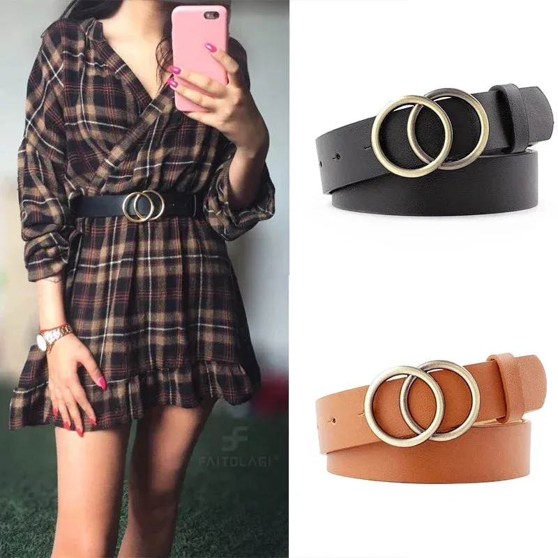 Double Ring Waist Belt PU Leather Metal Buckle