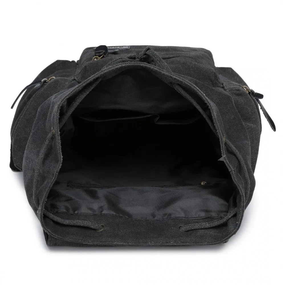 E1672 - Kono Large Multi Function Leather Details Canvas Backpack Black