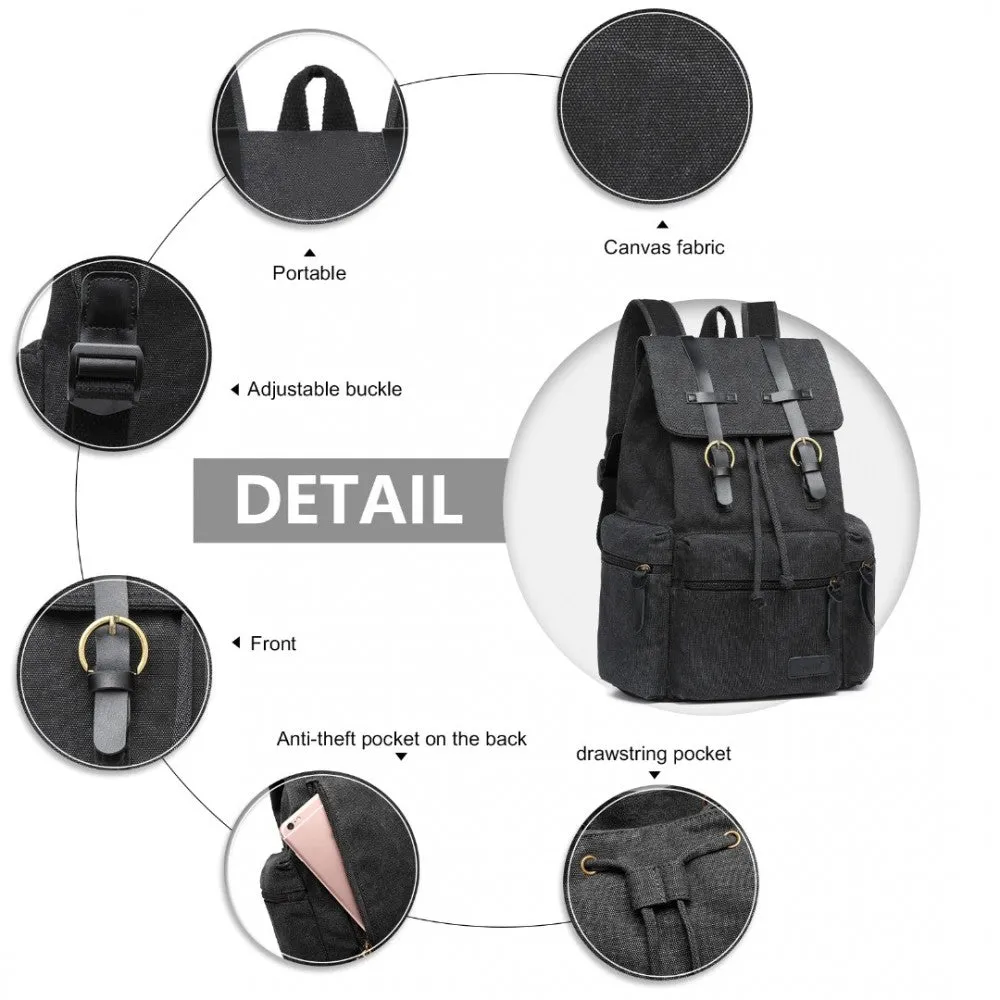 E1672 - Kono Large Multi Function Leather Details Canvas Backpack Black