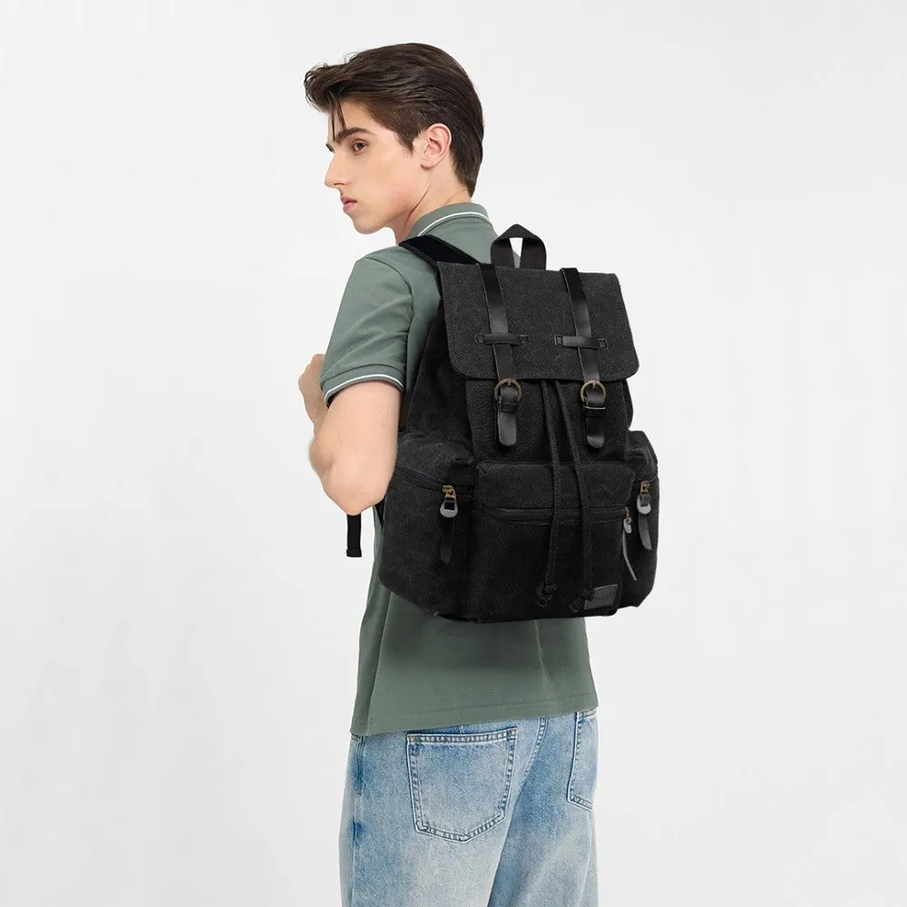 E1672 - Kono Large Multi Function Leather Details Canvas Backpack Black