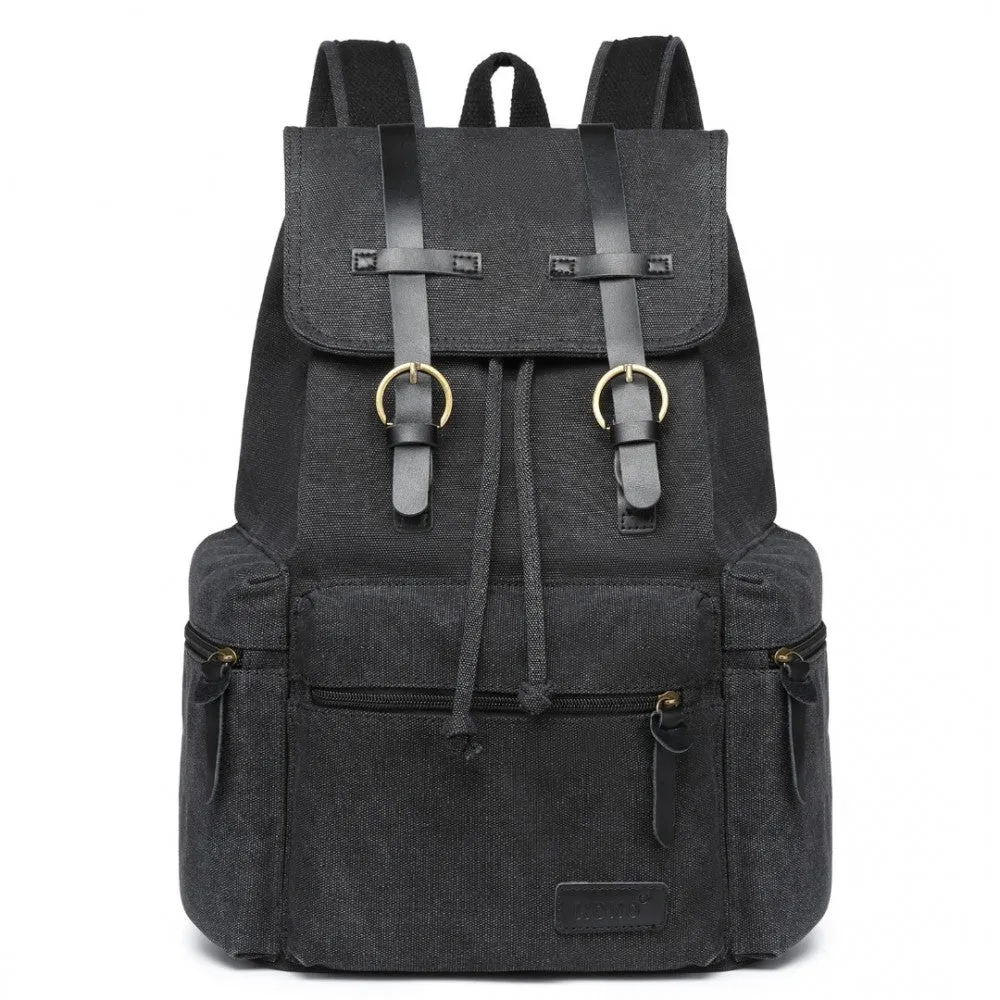 E1672 - Kono Large Multi Function Leather Details Canvas Backpack Black