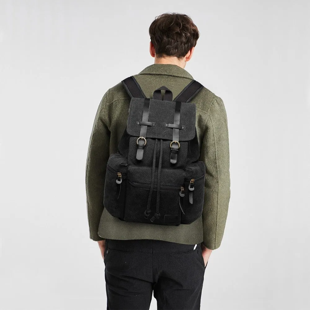 E1672 - Kono Large Multi Function Leather Details Canvas Backpack Black