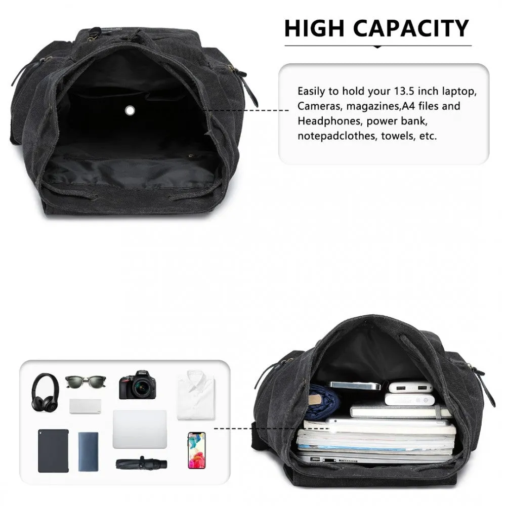E1672 - Kono Large Multi Function Leather Details Canvas Backpack Black