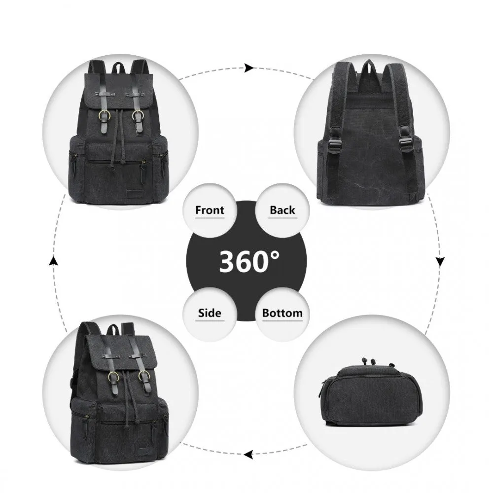 E1672 - Kono Large Multi Function Leather Details Canvas Backpack Black