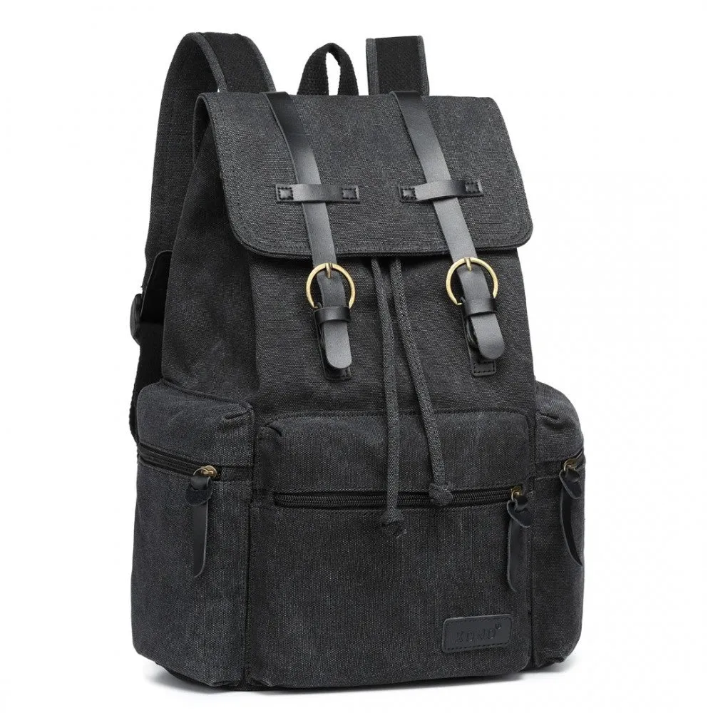 E1672 - Kono Large Multi Function Leather Details Canvas Backpack Black