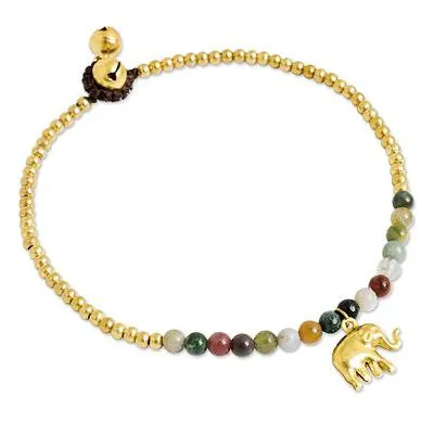 Elephant Charm Agate & Beaded Brass Anklet