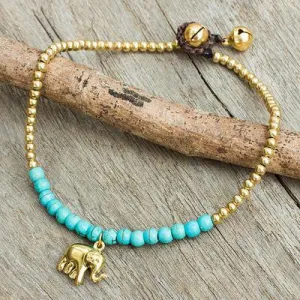 Elephant Charm Blue-Green Calcite Beaded Brass Anklet