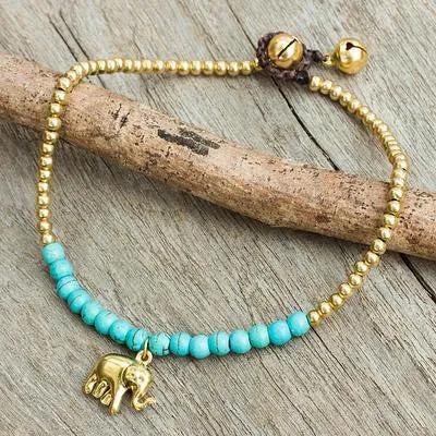Elephant Charm Blue-Green Calcite Beaded Brass Anklet