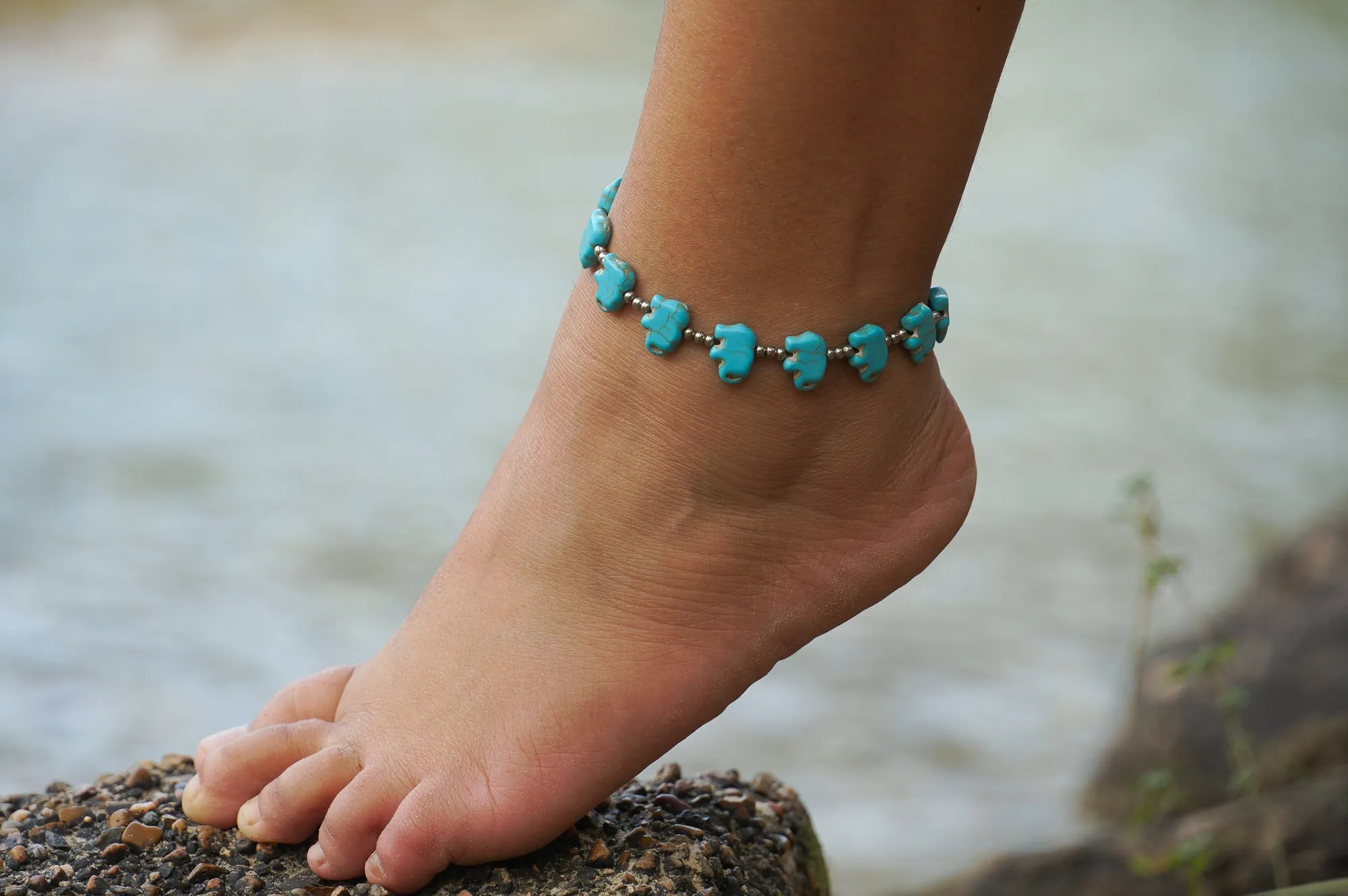 Elephant Turquoise Beaded Boho Silver Anklet