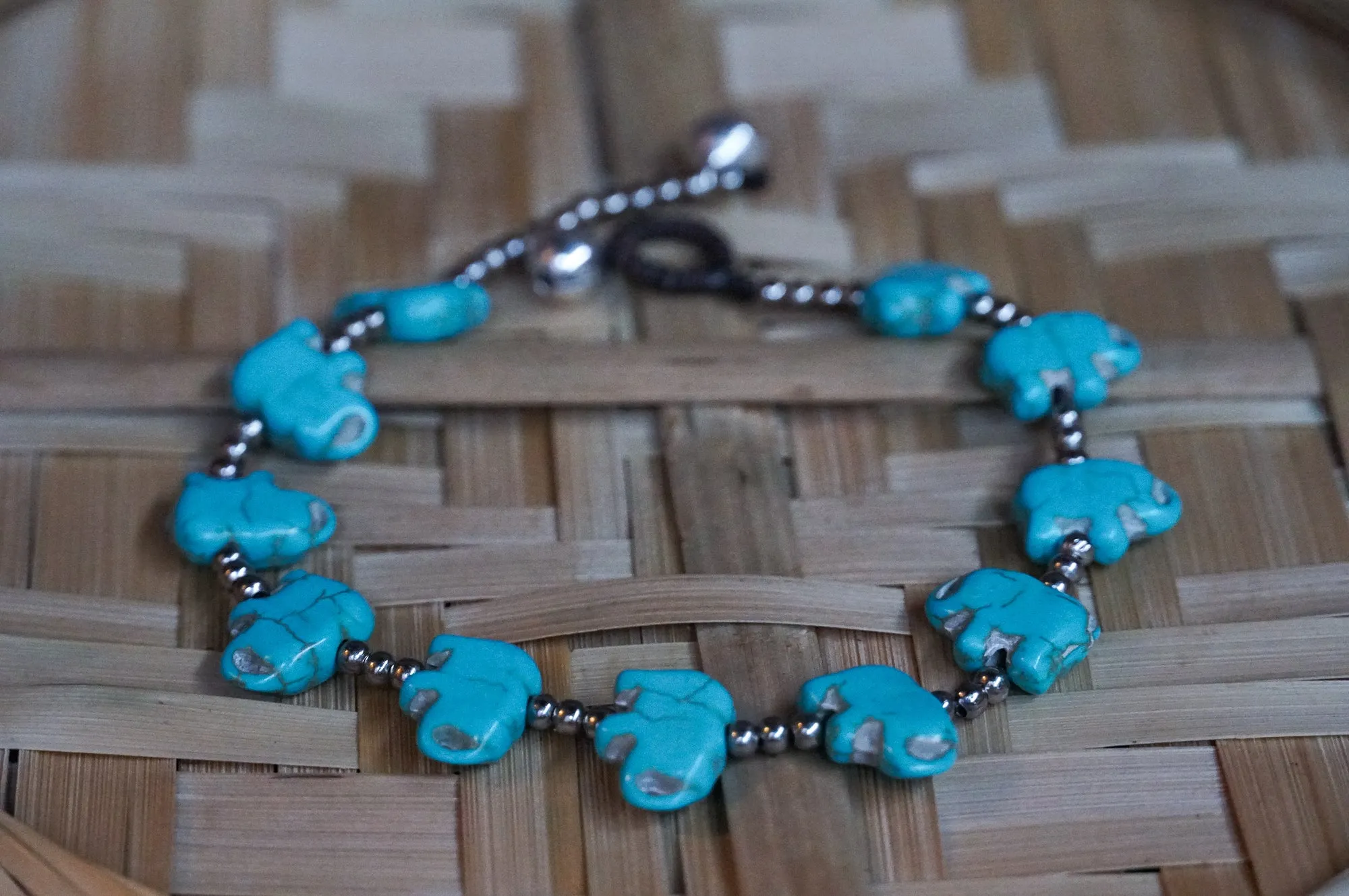 Elephant Turquoise Beaded Boho Silver Anklet
