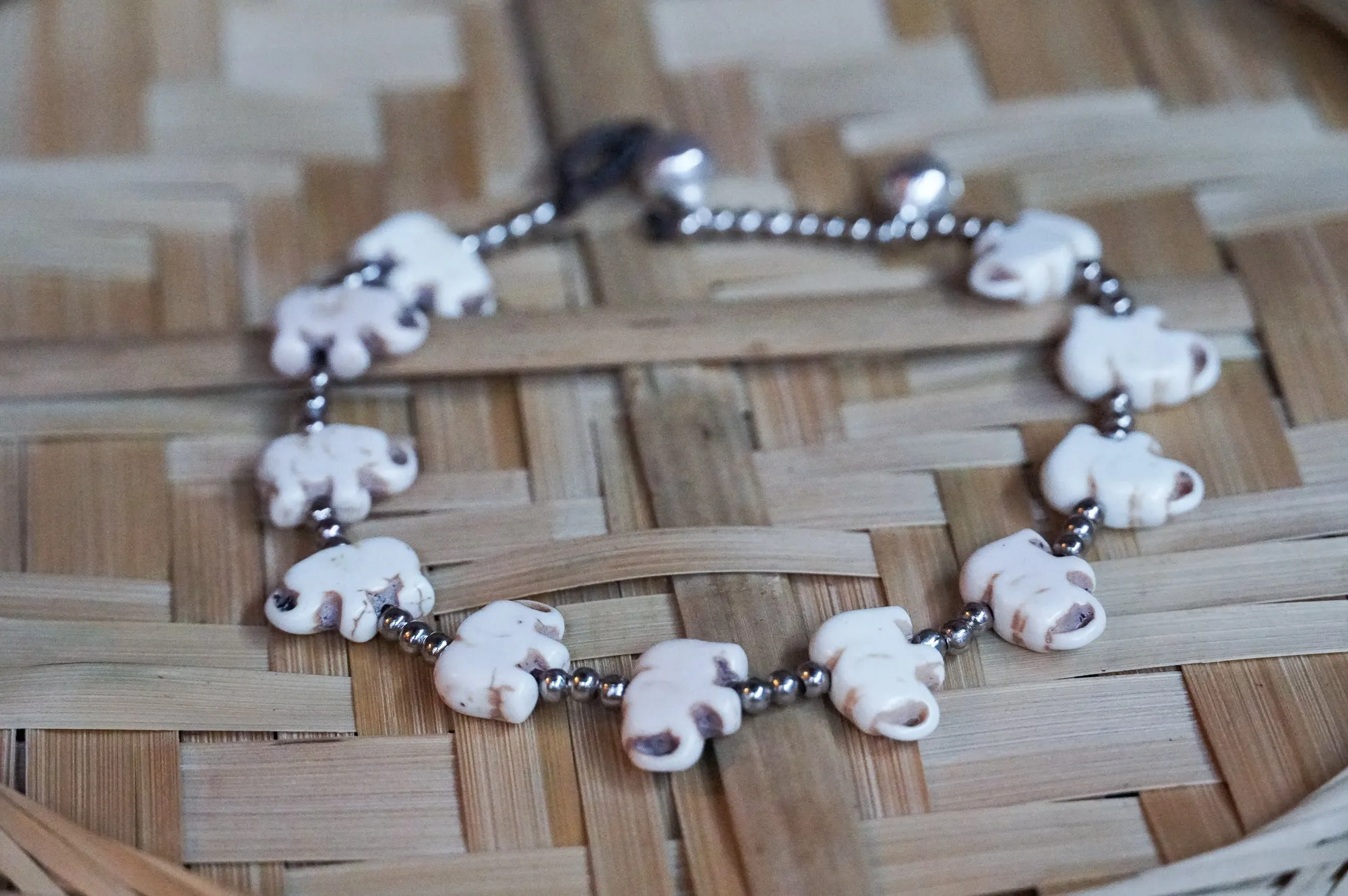 Elephant White Turquoise Beaded Boho Silver Anklet